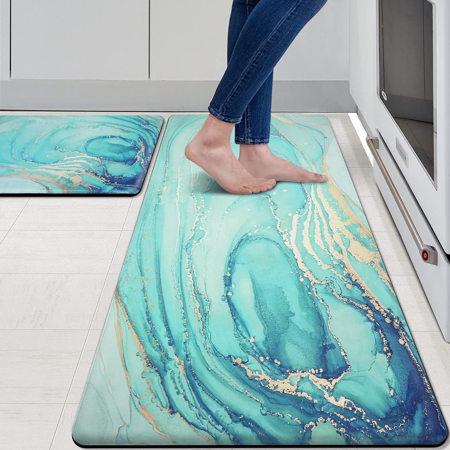 GALMAXS7 Kitchen Rugs and Mats Set of 2 Teal Marble Gold Anti Fatigue
