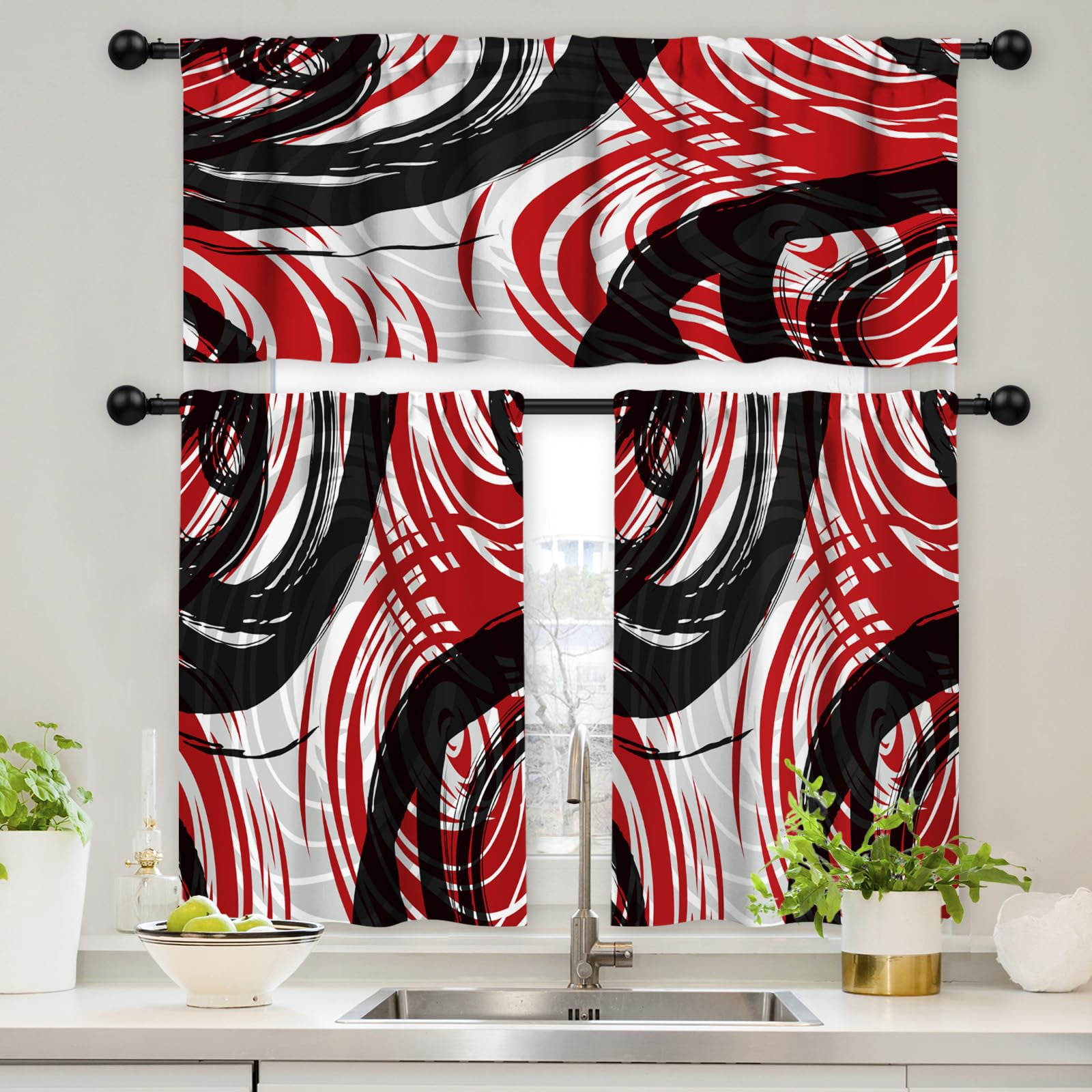 GALMAXS7 Red Black Grey Kitchen Curtains Set 3 Piece for Windows