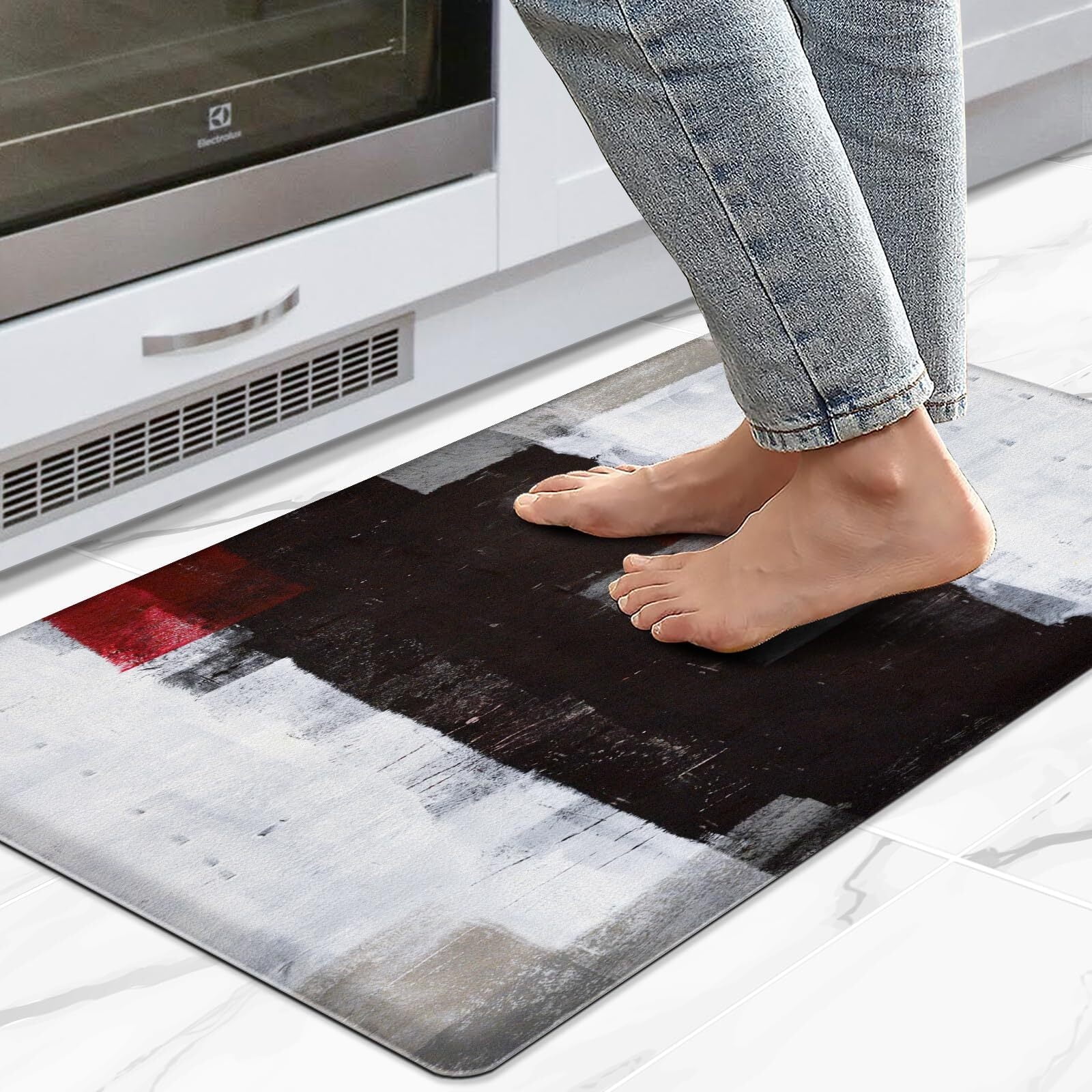 GALMAXS7 Red Grey Kitchen Rug Abstract Art Painting Waterproof Anti