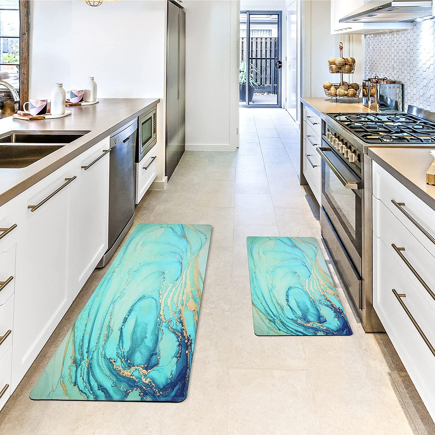 GALMAXS7 Waterproof Kitchen Rugs and Mats 2 Teal Marble Gold Anti
