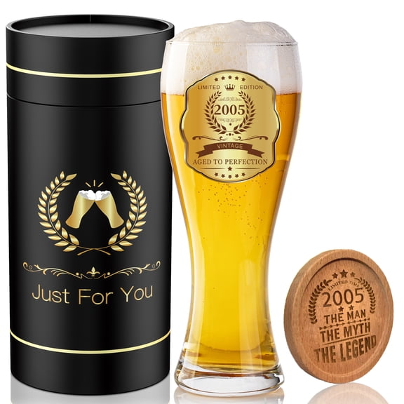 GALOFAY 21st Birthday Beer Glasses Gifts, Personalized '2005' Vintage Glass Ware Set for Men, Black Gift Package with Drinking Glass, Coaster, and Card for 21 Years Old Man
