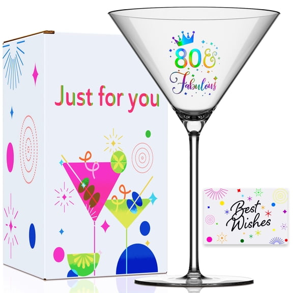 GALOFAY 80th Birthday Martini Glasses Gifts, Personalized Colorful Print 80 Fablous Cocktail Glass Set for Women, Gift Package with Over Size Glass and Card for 80 Years Old Woman