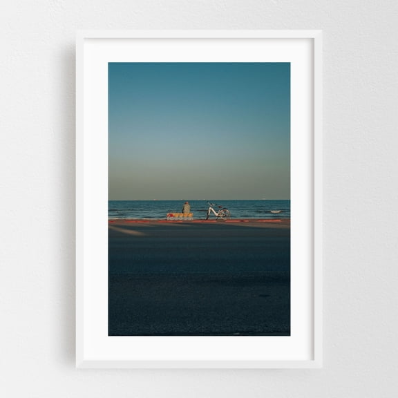 GALVESTON SEAWALL - Galveston Texas Photography Beach Coast Bicycle Ocean Minimalist Street Photography Vintage White Framed Wall Art Print 16 x 24 inches