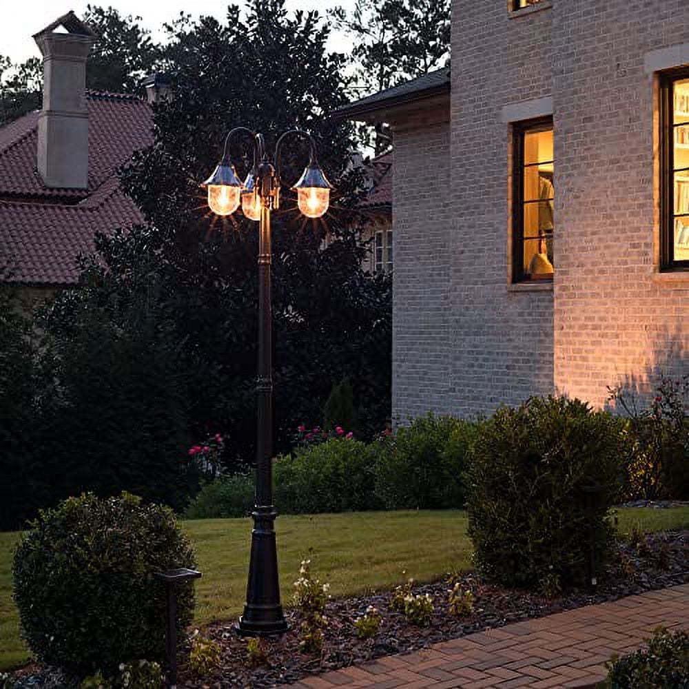 Orion Triple-Head Solar Lamp Post in Black Resin with LED, Dusk to Dawn