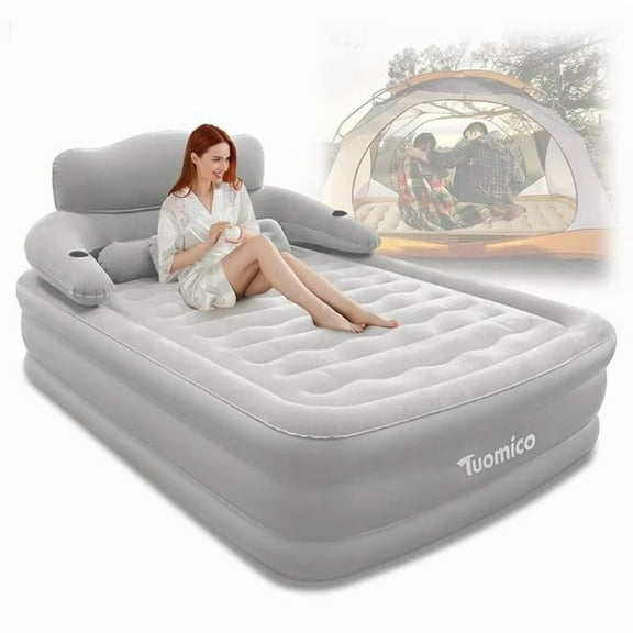 GAMBE 18" Portable Air Bed with Pump, Inflatable Air Mattresses with Headboard,Gray