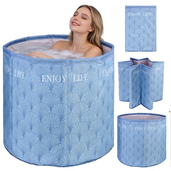 GAMBE 31.5"Upgraded Foldable Adult Bathtub, Portable Hot Ice Bath Tub, Soaking Spa,Blue-Pattern