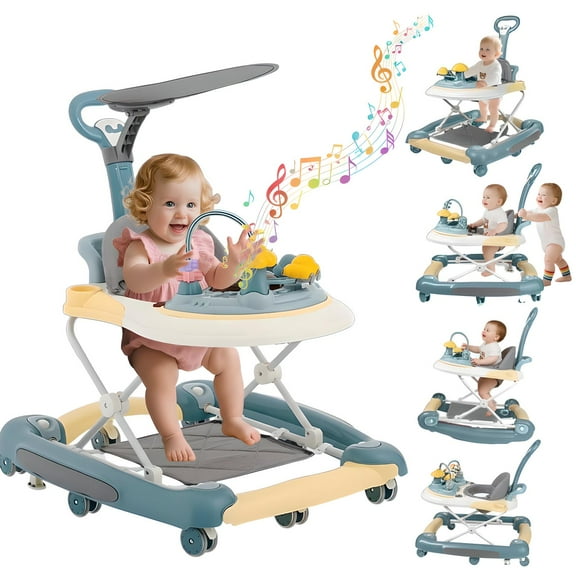 GAMBE 4 in 1 Baby Walker, Foldable Push Walker with Musical Activity Station, 6-24 Months,Green