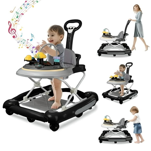 GAMBE 4 in 1 Baby Walker with Wheels, Foldable Walker for Baby Boys Girls, 7 Months+(Black)
