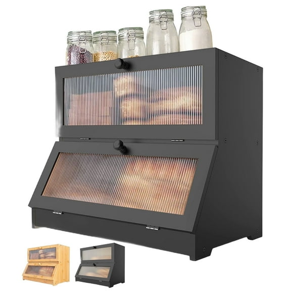 GAMBE Double Layer Bread Box for Kitchen with Acrylic Door Panel Countertop,Bamboo ,Kitchen Countertop,Black