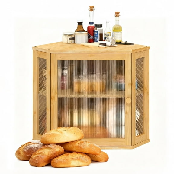 GAMBE Double Layer Corner Bread Box for Kitchen Counter with Height-adjustable Partition,Natural