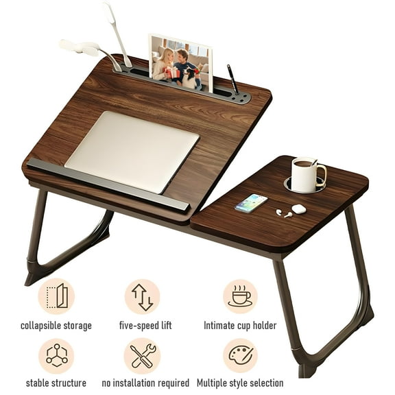 GAMBE Laptop Bed Tray Table with 5 Different Angles,USB Charge Port and Cup Holder,Brown