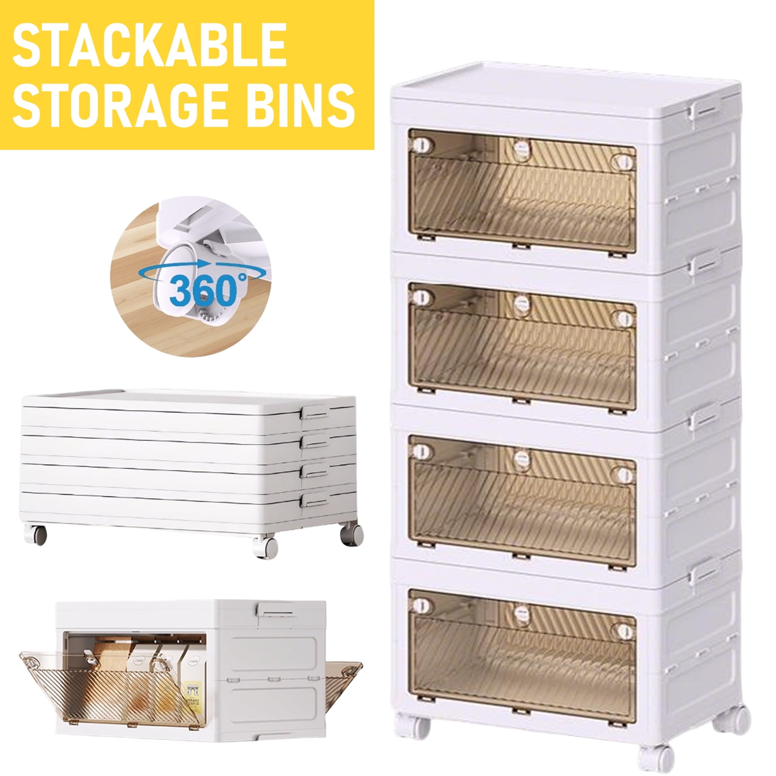 TINANA Plastic Storage Bins with Lids 4 Tier 124QT Stackable Storage Containers with Wheels Folding Closet Organizers for Living Room Office Dorm