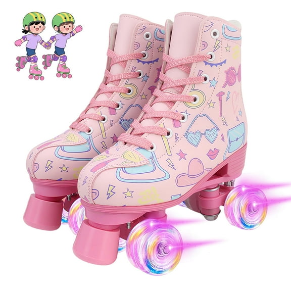 GAMBE Roller Skates for Girls,High-top PU Leather Rollerskates,Light up 4 Wheels Roller Skates (Women 6.5)