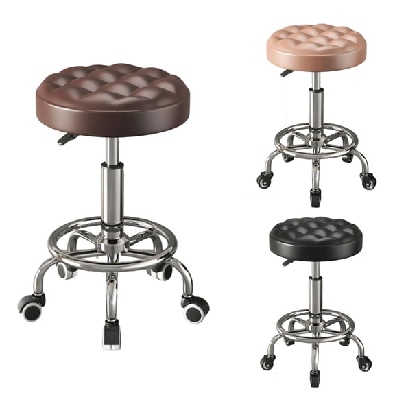 GAMBE-Rolling Stool PU Leather Round - Ultra Soft Padded Cushion Stool,Height Adjustable Swivel Stool,Drafting Work Tatto Massage Spa Salon chair,Brown