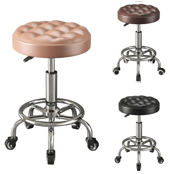 GAMBE-Rolling Stool PU Leather Round - Ultra Soft Padded Cushion Stool,Height Adjustable Swivel Stool,Drafting Work Tatto Massage Spa Salon chair,Gold