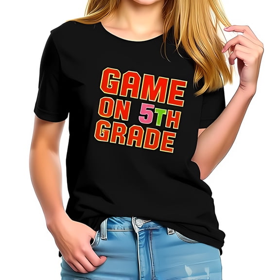 GAME ON 5TH GRADE Cotton Short Sleeve T-Shirt - Bold Graphic Design with Orange Pink & Green Colors