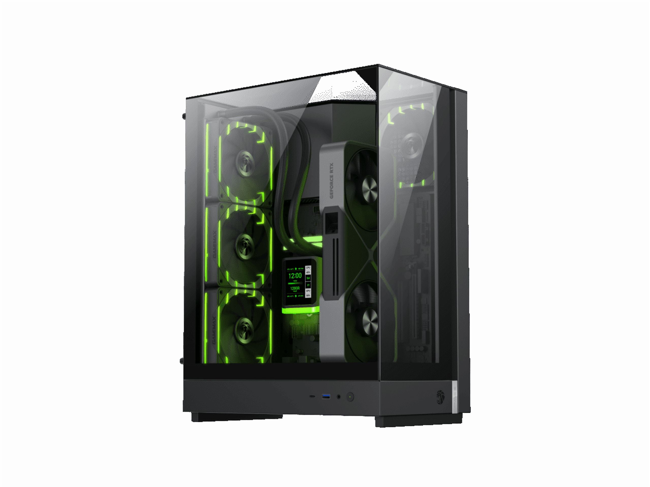 GAMEMAX T20 BK Black case. Three-sided tempered glass offers a full, unobstructed view of your hardware. 90° rotated motherboard layout enhances airflow using the natural Stack Effect.