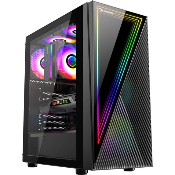 GAMEPOWER Ravadin ATX Mid-Tower PC Gaming Case, 650W PSU, 3x Pre-Installed 120mm ARGB Fans, Tempered Glass Side Panel, - Ideal for Gamers and PC Enthusiasts, Black