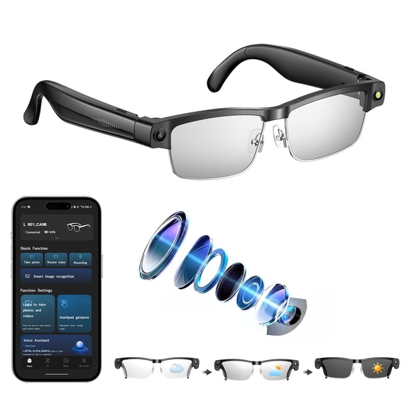 GAMINJA AI Smart Glasses,8MP Camera Glasses for Men&Women,Bluetooth Calls,Open-Ear Music,Real-Time Translation,Video Recording,AI Assistant,Object Recognition,Work,Travel,Vlog,Transparent Half Frame