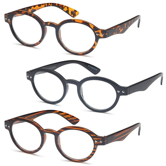 GAMMA RAY READERS 3 Pairs of The Teacher Round Unisex Spring Hinge Readers Fit for Men and Women Reading Glasses