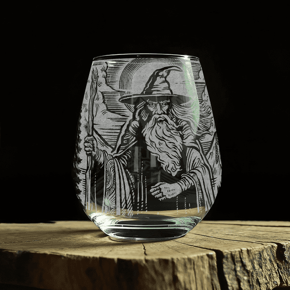 GANDALF Laser Engraved 10.5oz Stemless Wine Glass, Officially Licensed The Lord of the Rings Barware