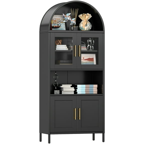 GANGMEI 73" Tal Metal Arched Storage Display Cabinet, Bookcase with Glass Doors, Freestanding Kitchen Pantry Curio Storage Cabinet for Dining room, Assembly Required, Black