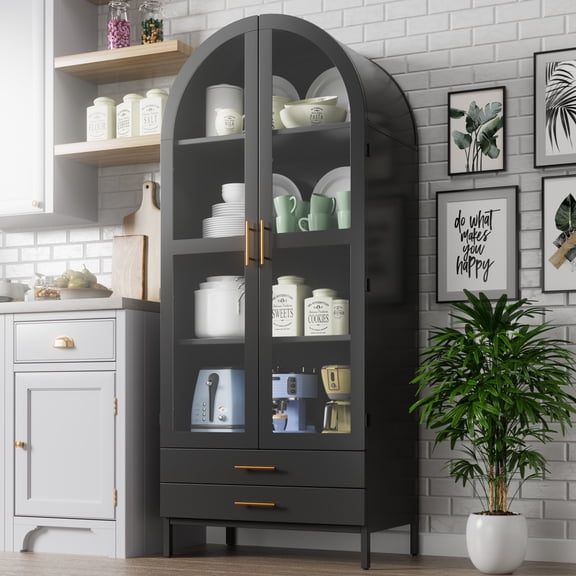 GANGMEI 73" Tal Metal Arched Storage Display Cabinet with 2 Drawers, Pantry, Curio Cabinet, Metal Arched Bookcase with Glass Doors, Assembly Required, Black