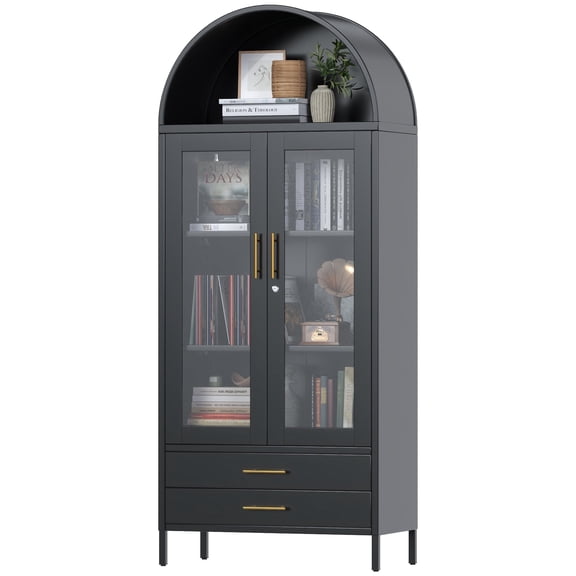 GANGMEI 73" Tall Metal Arched Display Cabinet, Storage Bookcase with Glass Doors and Two Drawers,Curio Cabinet, Kitchen Pantry Cabinet for Living Room, Assembly Required, Black