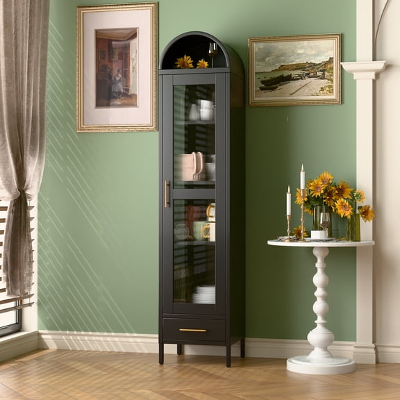 GANGMEI Metal Arched Storage Display Narrow Cabinet, Arched Bookcase Cabinets with Glass Doors and 1 Drawer for Living Room, Kitchens and Bedrooms, Assembly Required, Black