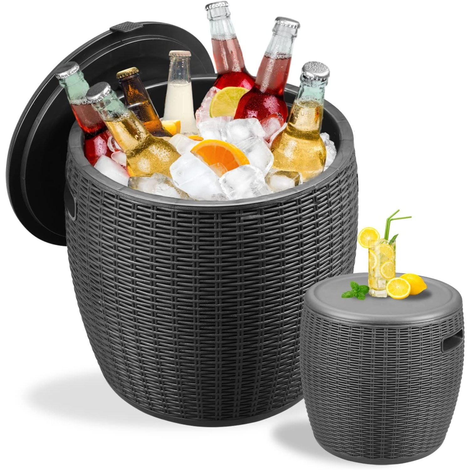 DOIT Outdoor Cooler Table For Patio And Deck, 9.5 Gallon All Weather Resistant Wicker Ice Cool Bar Table With Lid Side Handles Drain Plug For Beverage Wine Beer Rustic Patio Decor