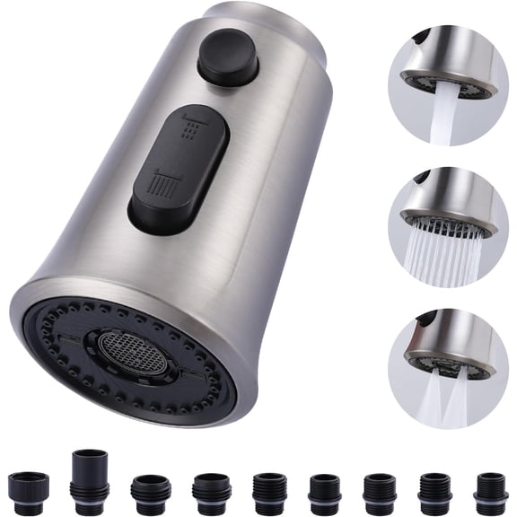 GANGZI Kitchen Faucet Head GANGZI, 3 Function Pull Down Faucet Sprayer Head with 9 Adapters, Brushed Nickel Kitchen Sprayer Nozzle Compatible with GANGZI, Delta, GANGZI Faucets