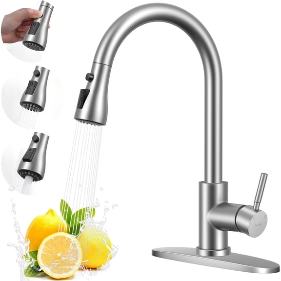 GANGZI Kitchen Faucet with Pull Down Sprayer, Brushed Nickel Kitchen Sink Faucet Single Handle Stainless Steel for 1 or 3 Hole Farmhouse Laundry Utility Rv Bar Sinks