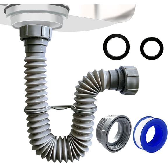 GANGZI Sink Drain Pipe 1-1/2", Flexible Drain Pipe, 7.5"-17.7" Expandable Flexible P Trap for Bathroom and Kitchen, Under Sink Plumbing, 1-1/4" Adapter Included, Gray, 1 PACK