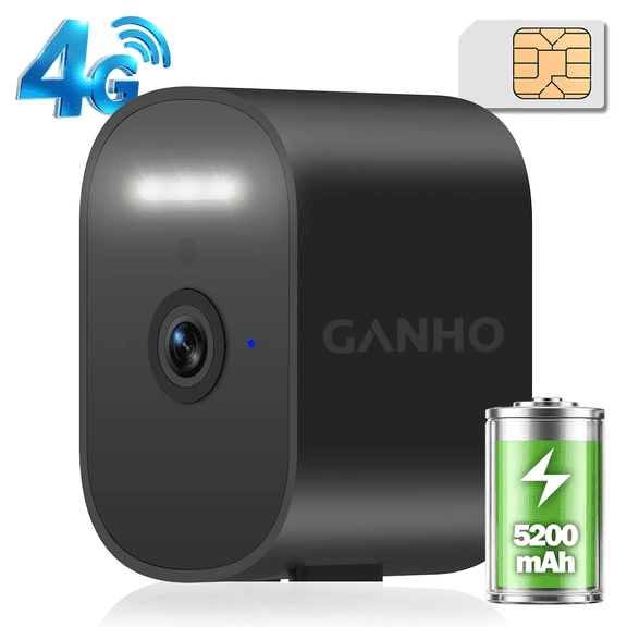 GANHO Cellular Security Camera, 2K 4G LTE Battery Powered Outdoor Camera with Night Vision & AI Human Detection, No WiFi Required