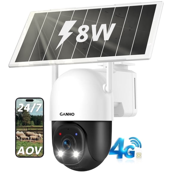 GANHO 4G AOV Solar Security Camera Outdoor Wireless 2K,7/24 Recording 3MP No WiFi IP Surveillance Camera with Sim Card,8W 13500mAh Battery Operated