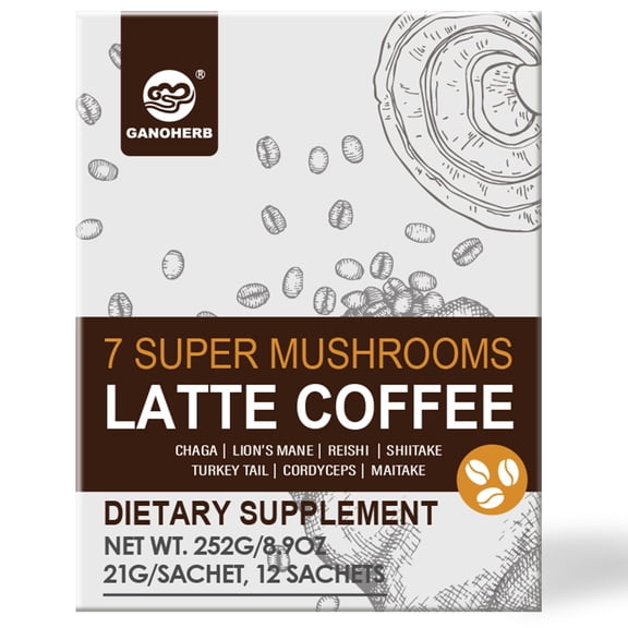 GANOHERB 7 Super Mushrooms Latte Coffee, Blended Coffee, 12 Sachets, 252G/8.9OZ
