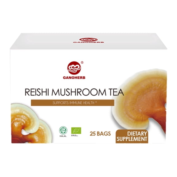 GANOHERB Reishi Mushroom Tea, Adaptogen Ganoderma Lucidum Herbal Tea for Immune Health Boost, Stress Relief, Caffeine-Free, No Sugar, 25 Count