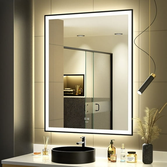 GANPE 32 x 40 inch LED Bathroom Mirror, Aluminium Framed, Anti Fog+IP44 Waterproof