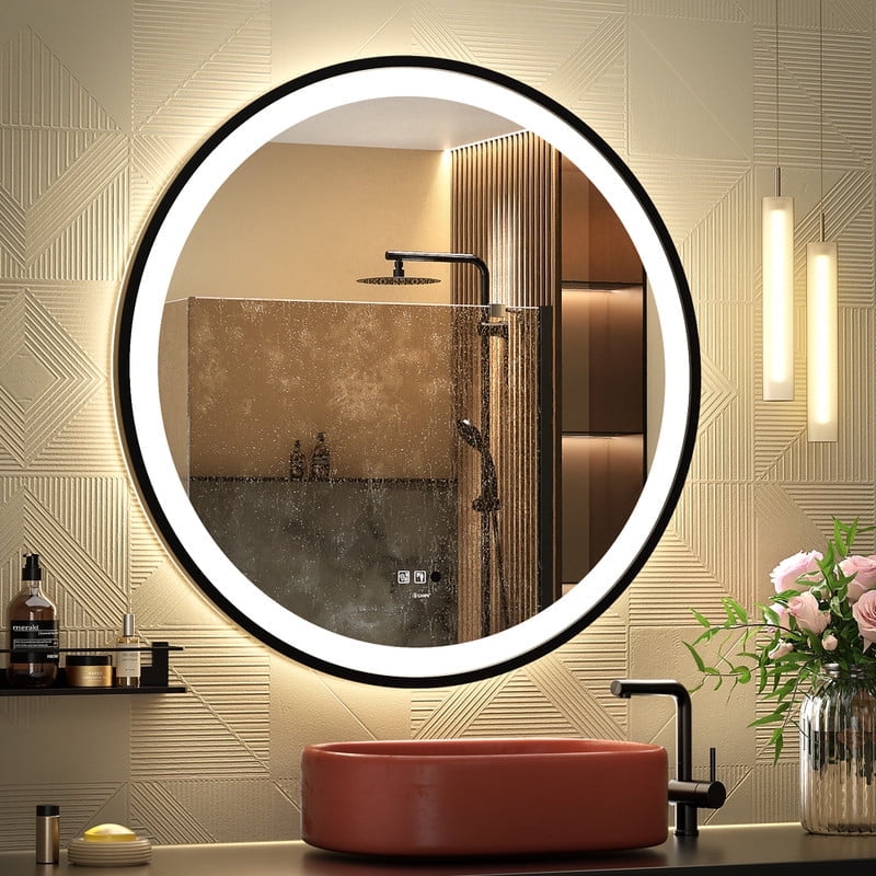 GANPE LED Sensor Mirror, 24 inch Round Wall Mounted Mirror with Lights ...