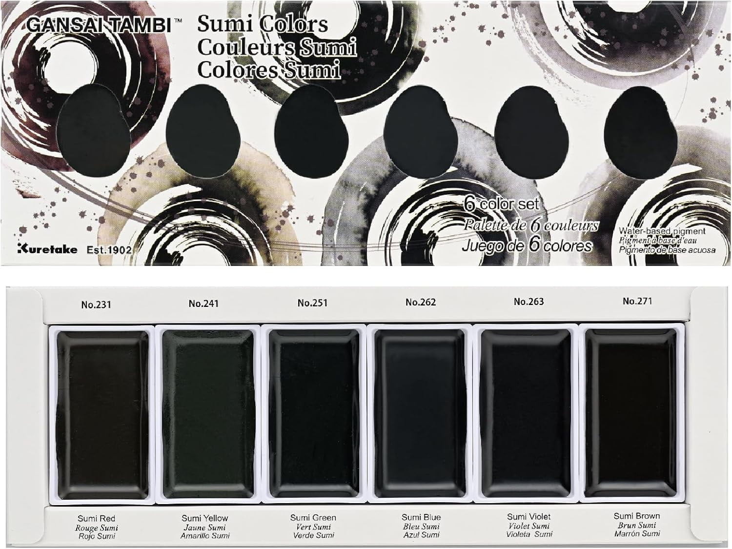 GANSAI TAMBI SUMI Colors 6 Colors Set, Watercolor Paint for Professional, for Calligraphy, Illustrations, Drawing, Black Ink, Made in Japan