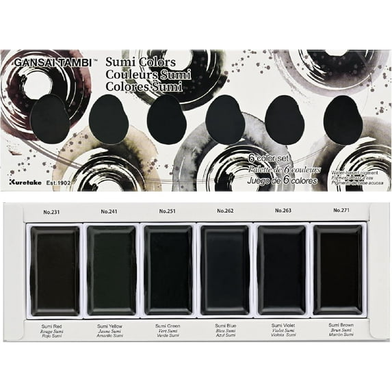 GANSAI TAMBI SUMI Colors 6 Colors Set, Watercolor Paint for Professional, for Calligraphy, Illustrations, Drawing, Black Ink, Made in Japan