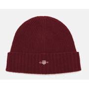 GANT Wool Blend Rib Knit Beanie for Men & Women, Warm Cuffed Winter Hat with Embroidered Shield Logo-Burgundy Red