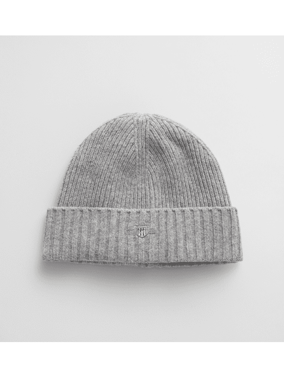 Wool Blend Rib Knit Beanie for Men & Women, Warm Cuffed Winter Hat with Embroidered Shield Logo-Grey