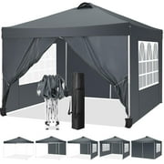 GANWAY 10' x 10' Ez Pop Up Canopy with 4 Removable Sidewalls Commercial PortableTents for Parties,Waterproof Instant Shelter Outdoor Patio Tent with 3 Adjustable Heights, UPF 50+, Gray