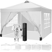 GANWAY 10' x 10' Ez Pop Up Canopy with 4 Removable Sidewalls Commercial PortableTents for Parties,Waterproof Instant Shelter Outdoor Patio Tent with 3 Adjustable Heights, UPF 50+, White