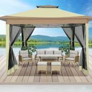 GANWAY 12' x 12' Outdoor Gazebo Pop Up Gazebo Canopy with 2-Tiered Vented Top 3 Adjustable Height, Patio Tent with Mosquito Netting, Rainproof UV Resistant Gazebo for Backyard, Garden