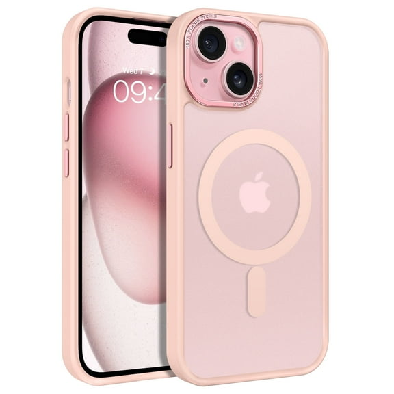 GAOBAO Magnetic for iPhone 15 Case, Compatible with MagSafe, Drop Protection, 6.1" Metal Camera Frame Translucent Slim Protective Cover for Women Girls, Pink