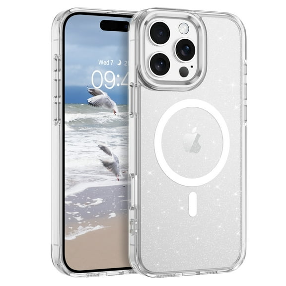 GAOBAO Magnetic for iPhone 16 Pro Max Case Clear Glitter, Compatible with MagSafe, TPU Transparent Shockproof Slim Bling Sparkly Bumper Cover Phone Case for Women Girls, White