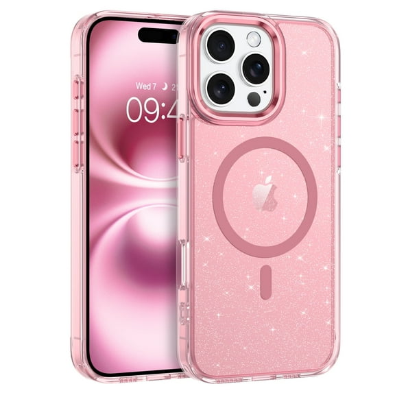 GAOBAO Magnetic for iPhone 16 Pro Max Case Clear Glitter, Compatible with MagSafe, TPU Transparent Shockproof Slim Bling Sparkly Bumper Cover Phone Case for Women Girls, Pink