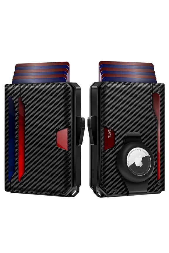 AirTag Wallet for Men RFID Technology Credit Card Holder with Money Clip Slim Smart Pop Up Minimalist Wallet for Apple AirTag (No Airtag Included)(Carbon) A101